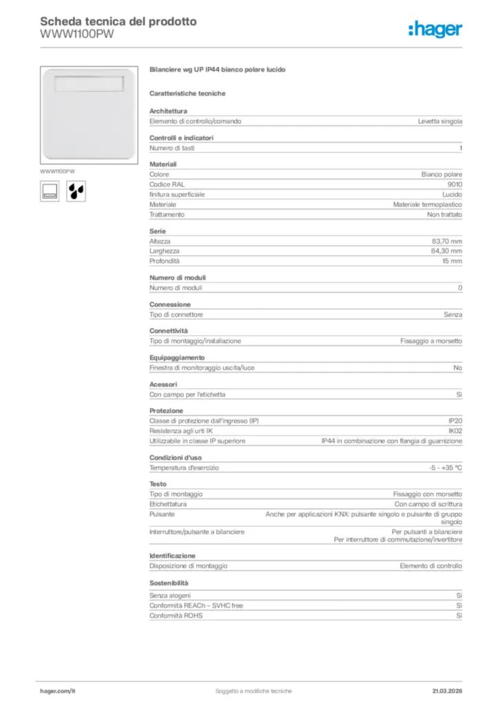 Immagine Hager Scheda tecnica del prodotto WWW1100PW | Hager Italia
