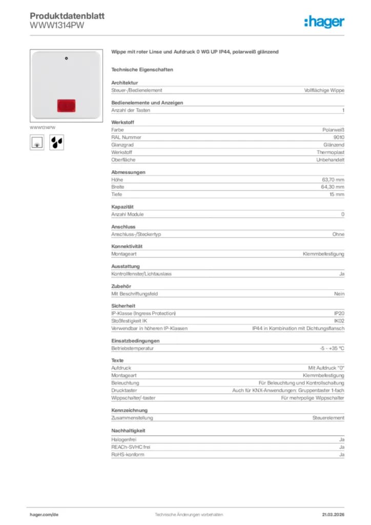 Bild Hager Produktdatenblatt WWW1314PW | Hager Deutschland