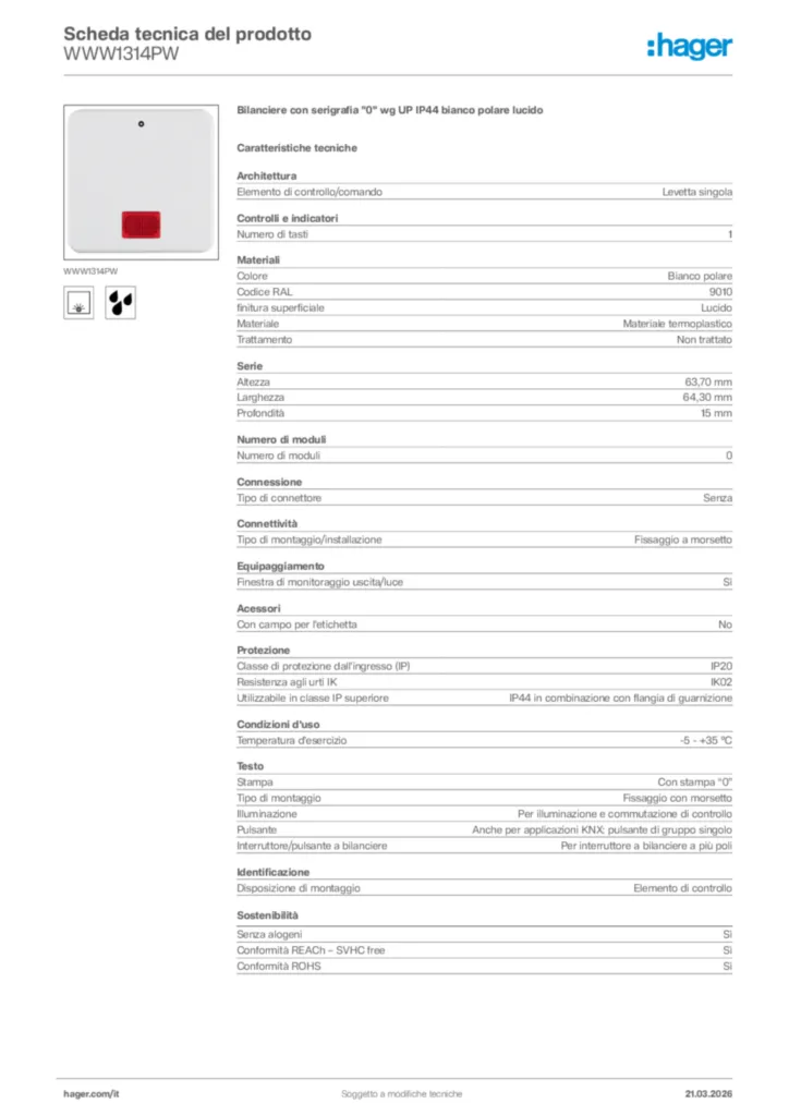 Immagine Hager Scheda tecnica del prodotto WWW1314PW | Hager Italia