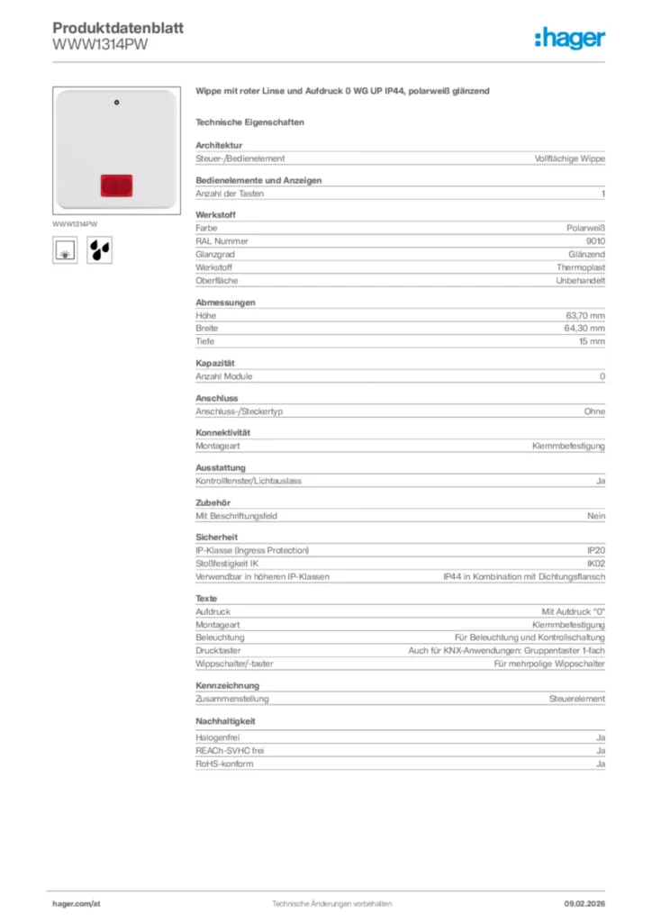 Bild Hager Produktdatenblatt WWW1314PW | Hager Deutschland