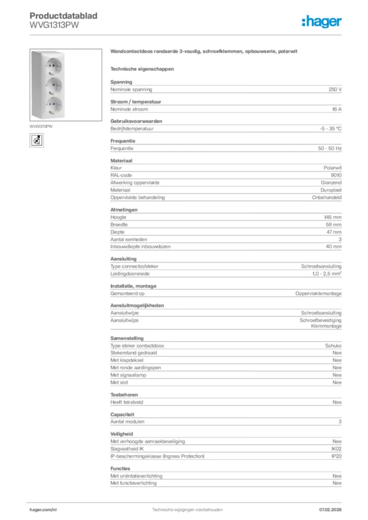 Afbeelding Hager Productdatablad WVG1313PW | Hager Nederland