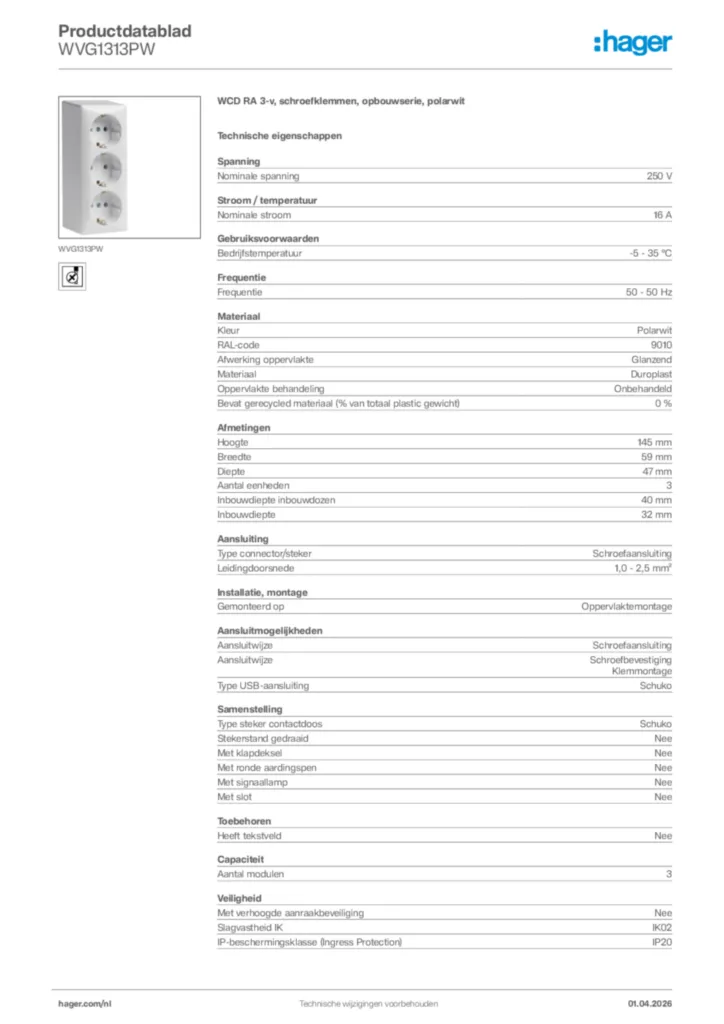 Afbeelding Hager Productdatablad WVG1313PW | Hager Nederland