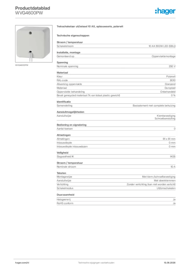 Afbeelding Hager Productdatablad WVG4600PW | Hager Nederland