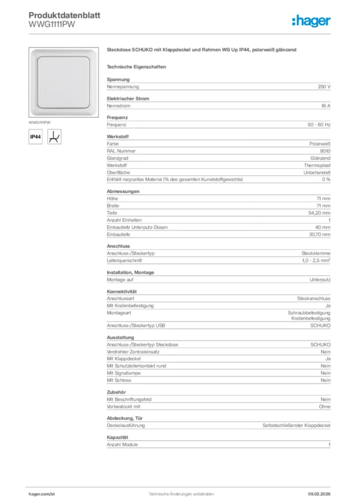 Bild Hager Produktdatenblatt WWG1111PW | Hager Deutschland