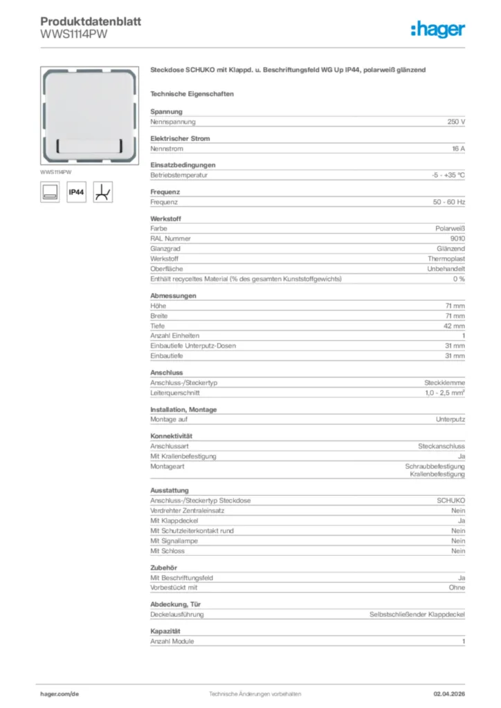 Bild Hager Produktdatenblatt WWS1114PW | Hager Deutschland