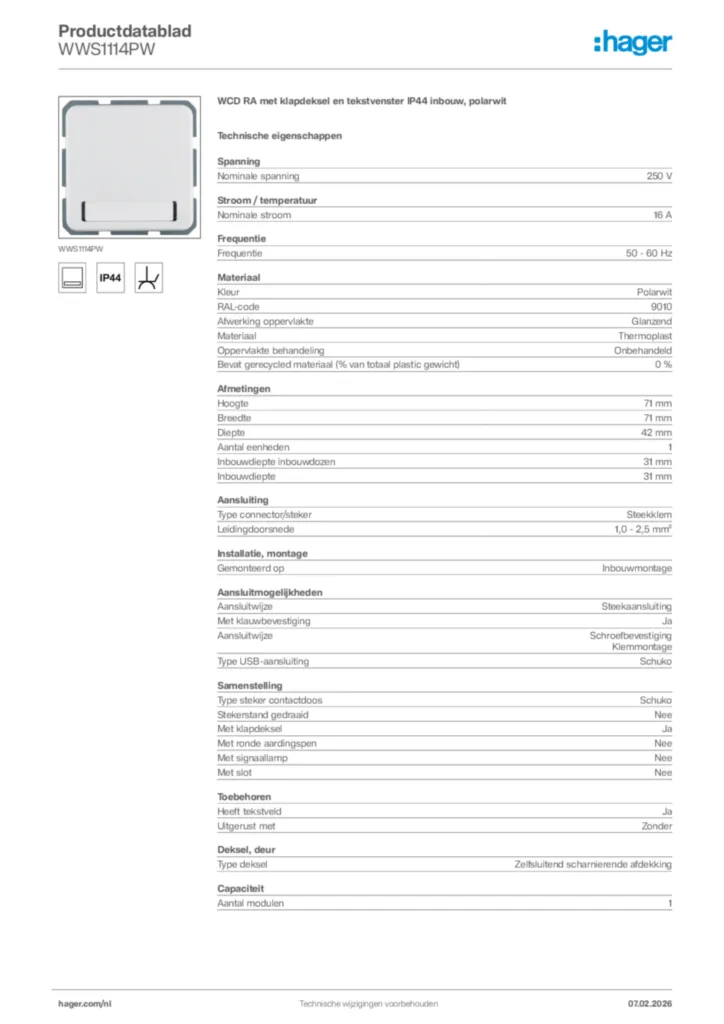 Afbeelding Hager Productdatablad WWS1114PW | Hager Nederland