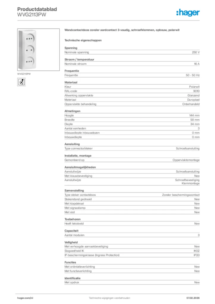 Afbeelding Hager Productdatablad WVG2113PW | Hager Nederland