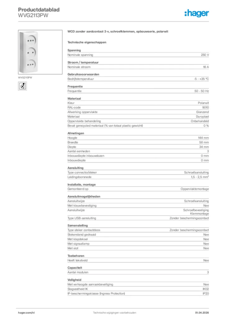 Afbeelding Hager Productdatablad WVG2113PW | Hager Nederland