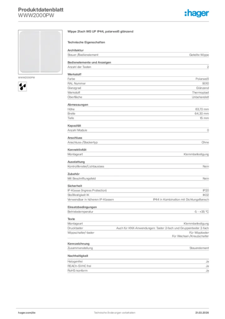 Bild Hager Produktdatenblatt WWW2000PW | Hager Deutschland