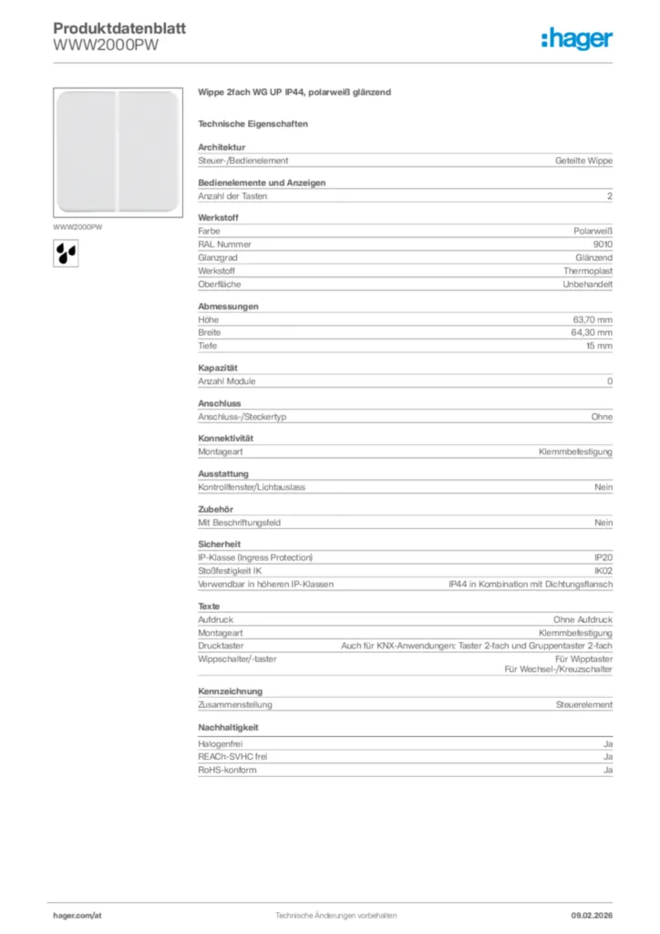 Bild Hager Produktdatenblatt WWW2000PW | Hager Deutschland