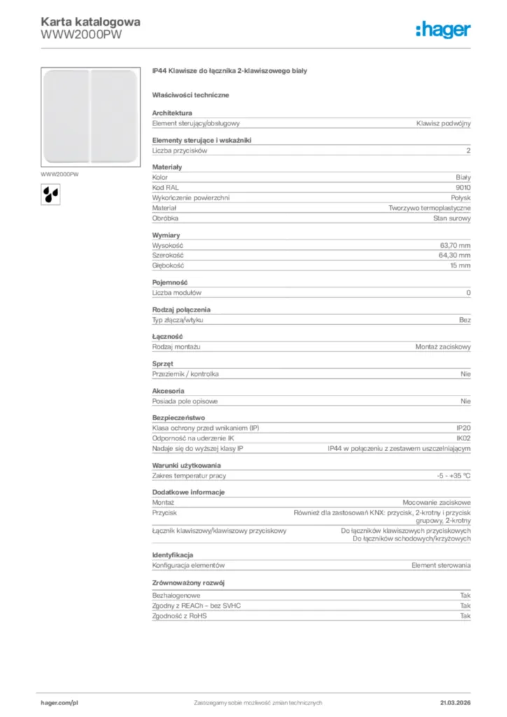 Zdjęcie Hager Karta katalogowa WWW2000PW | Hager Polska