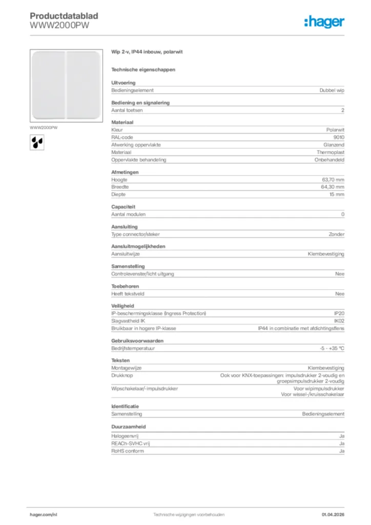Afbeelding Hager Productdatablad WWW2000PW | Hager Nederland