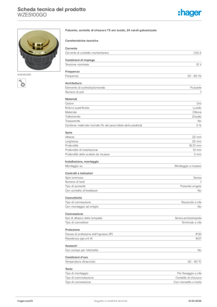 Immagine Hager Scheda tecnica del prodotto WZE5100GO | Hager Italia