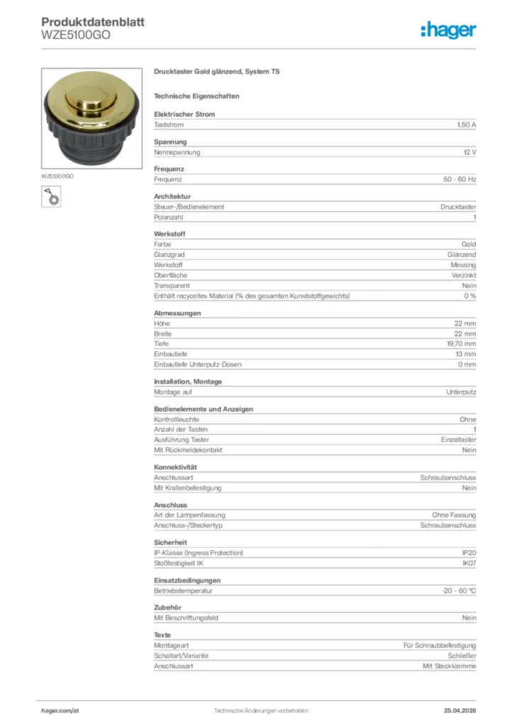 Bild Hager Produktdatenblatt WZE5100GO | Hager Deutschland