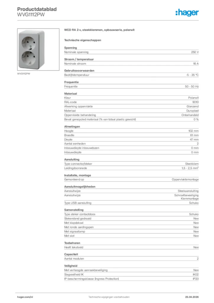 Afbeelding Hager Productdatablad WVG1112PW | Hager Nederland