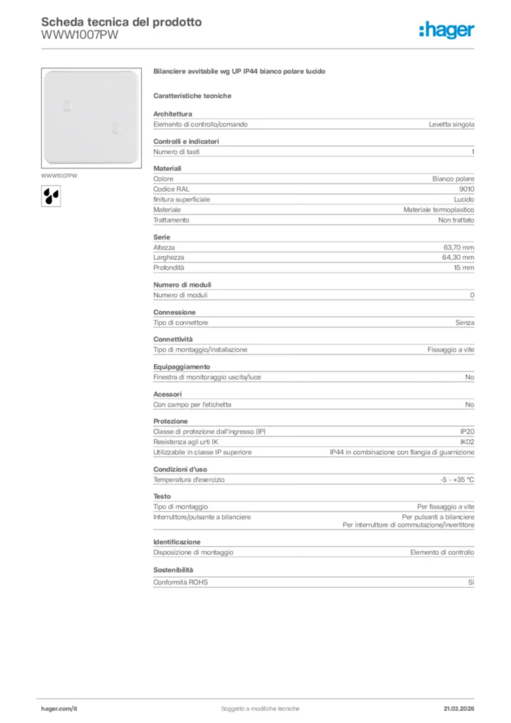 Immagine Hager Scheda tecnica del prodotto WWW1007PW | Hager Italia