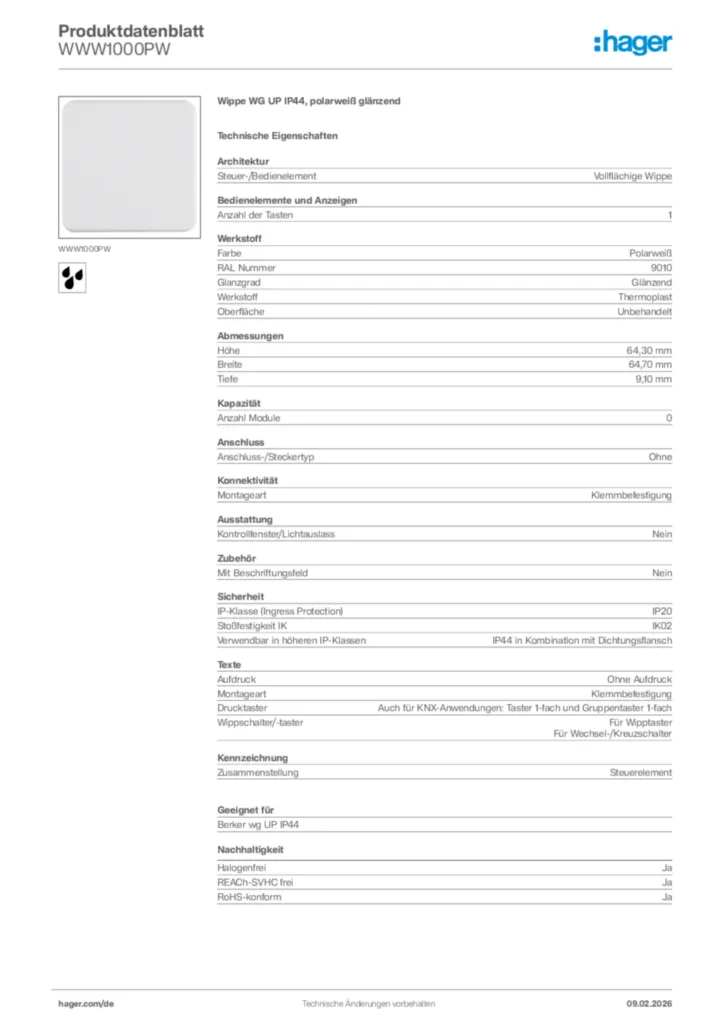 Bild Hager Produktdatenblatt WWW1000PW | Hager Deutschland
