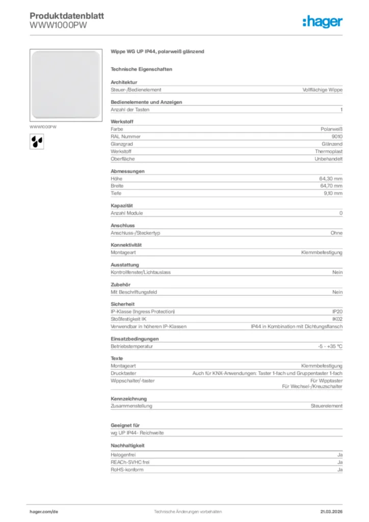 Bild Hager Produktdatenblatt WWW1000PW | Hager Deutschland