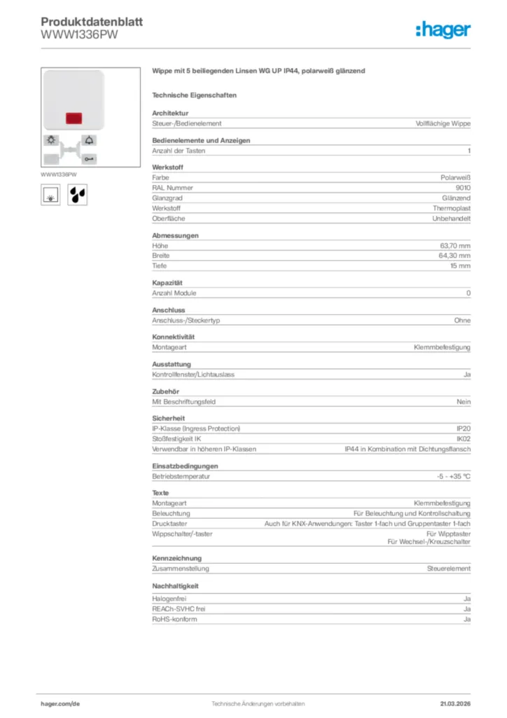 Bild Hager Produktdatenblatt WWW1336PW | Hager Deutschland