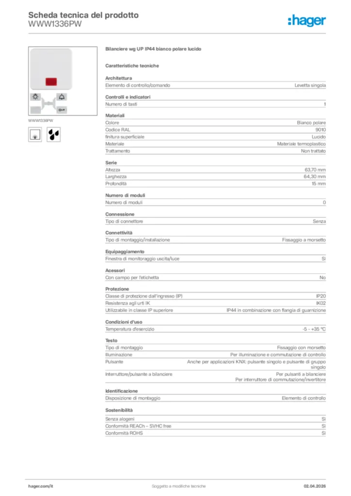 Immagine Hager Scheda tecnica del prodotto WWW1336PW | Hager Italia