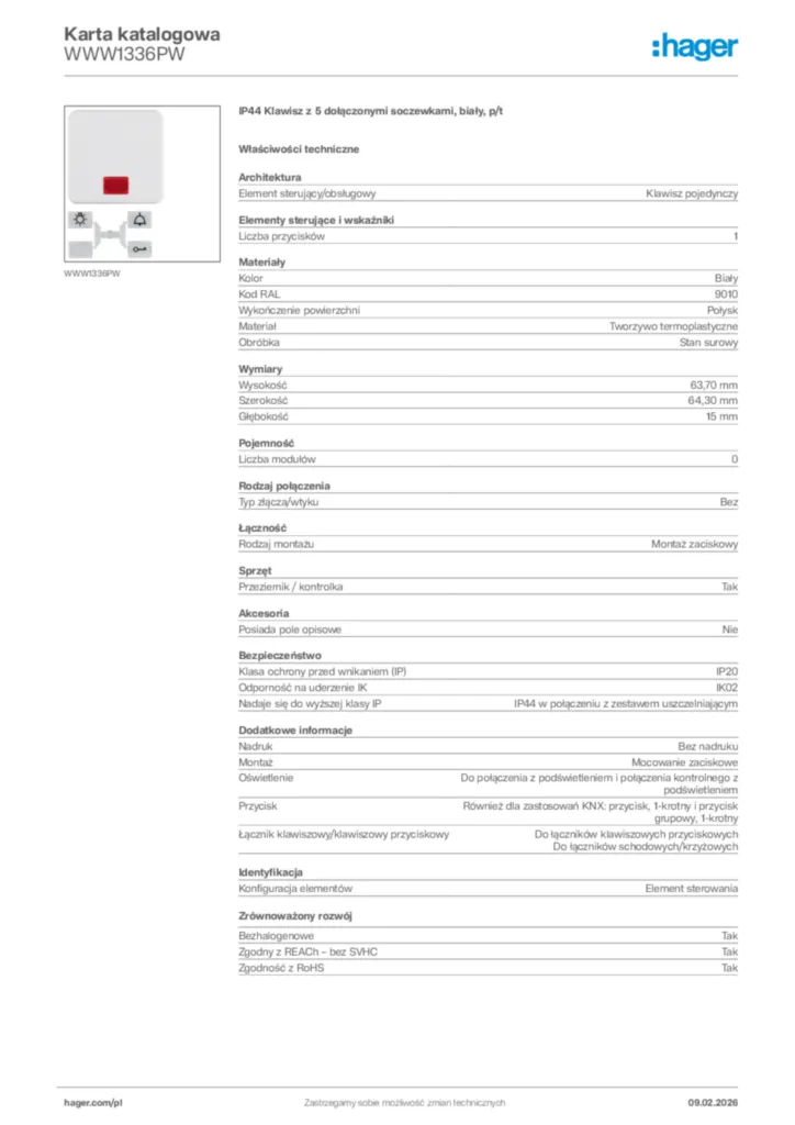 Zdjęcie Hager Karta katalogowa WWW1336PW | Hager Polska