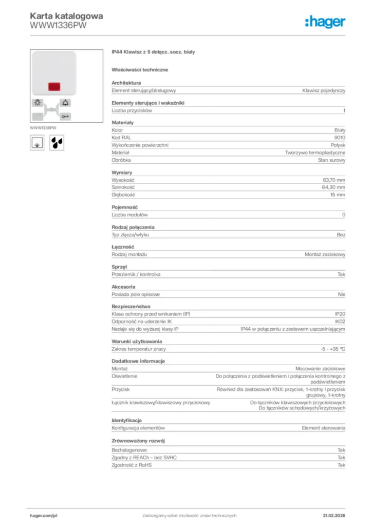 Zdjęcie Hager Karta katalogowa WWW1336PW | Hager Polska