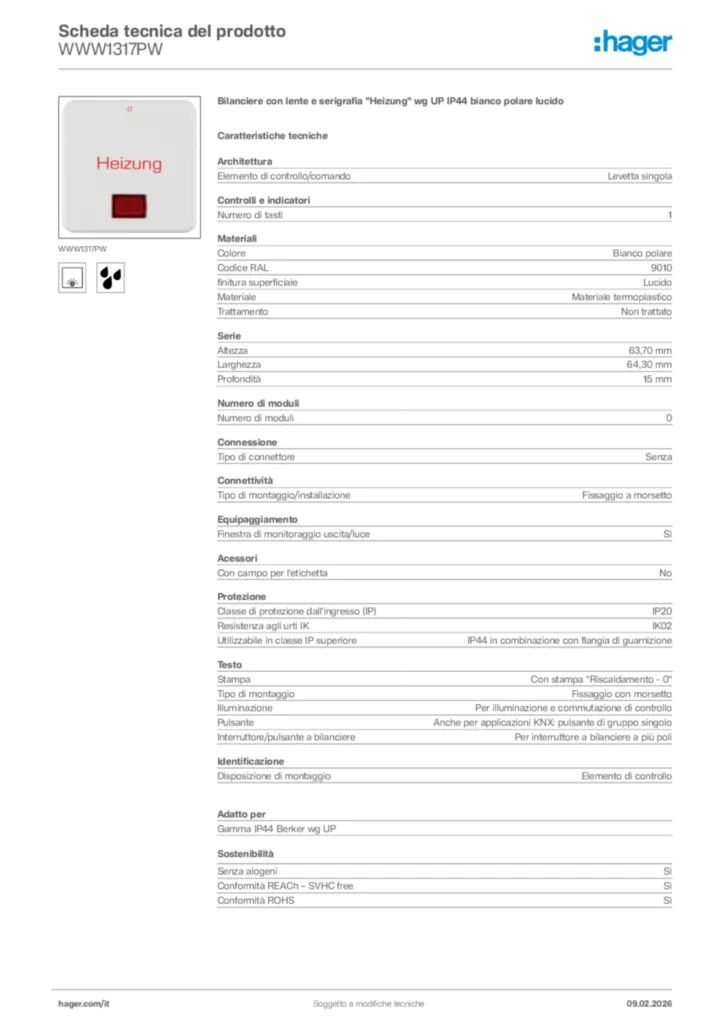 Immagine Hager Scheda tecnica del prodotto WWW1317PW | Hager Italia