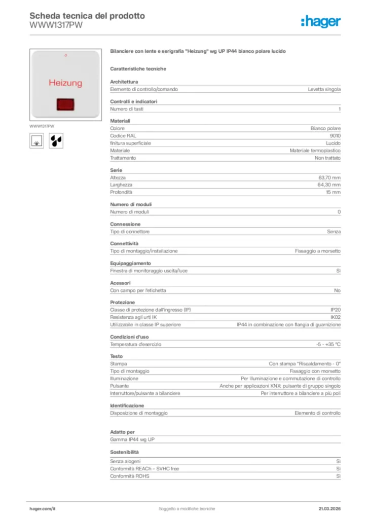 Immagine Hager Scheda tecnica del prodotto WWW1317PW | Hager Italia