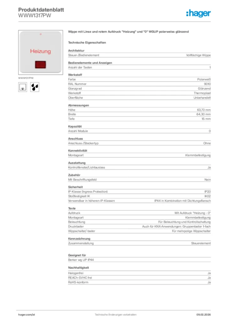 Bild Hager Produktdatenblatt WWW1317PW | Hager Deutschland