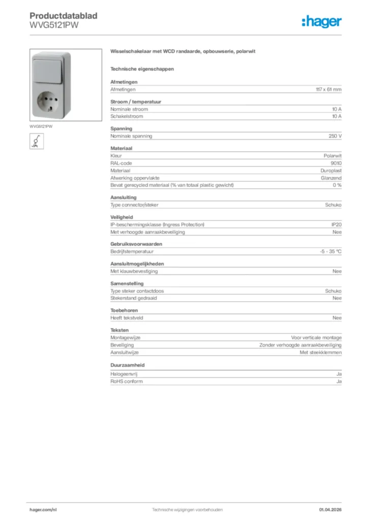 Afbeelding Hager Productdatablad WVG5121PW | Hager Nederland