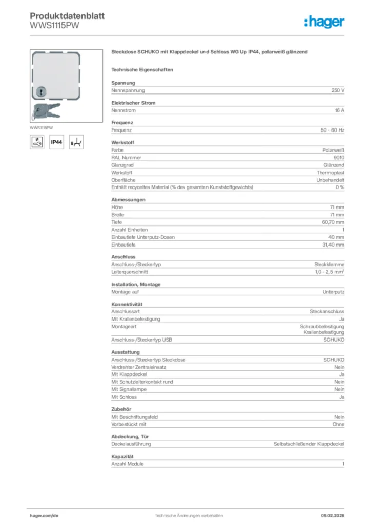 Bild Hager Produktdatenblatt WWS1115PW | Hager Deutschland