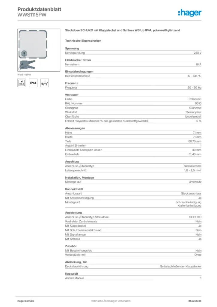 Bild Hager Produktdatenblatt WWS1115PW | Hager Deutschland
