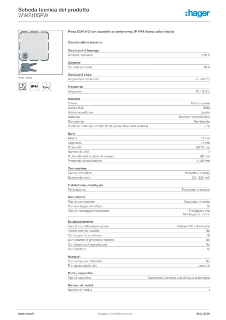Immagine Hager Scheda tecnica del prodotto WWS1115PW | Hager Italia