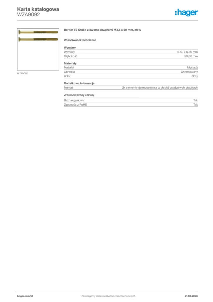 Zdjęcie Hager Karta katalogowa WZA9092 | Hager Polska