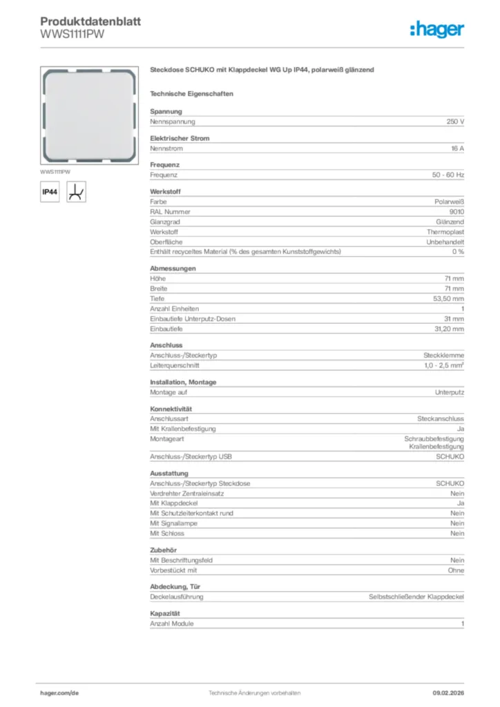 Bild Hager Produktdatenblatt WWS1111PW | Hager Deutschland