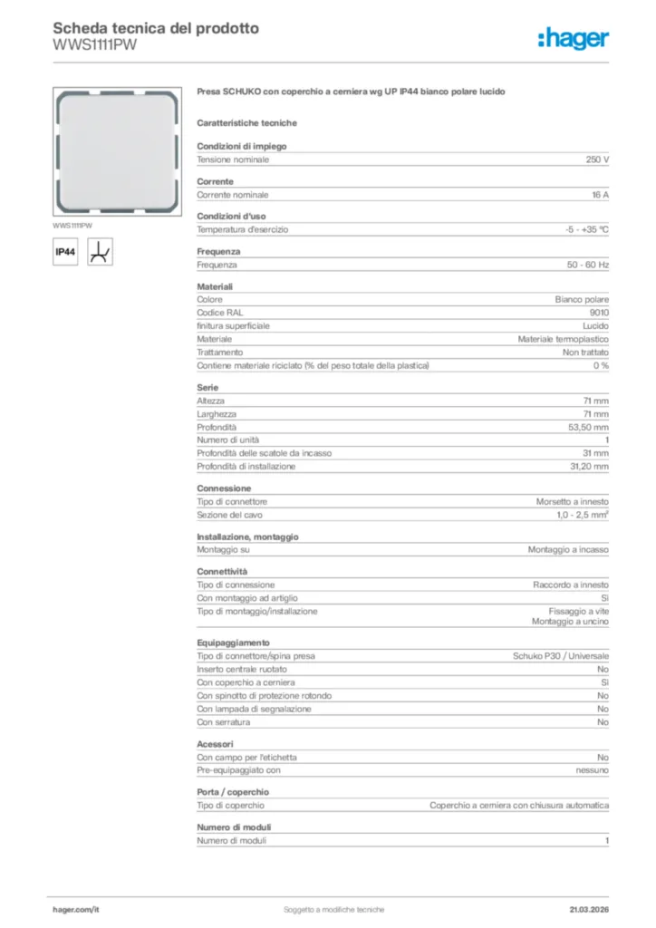 Immagine Hager Scheda tecnica del prodotto WWS1111PW | Hager Italia