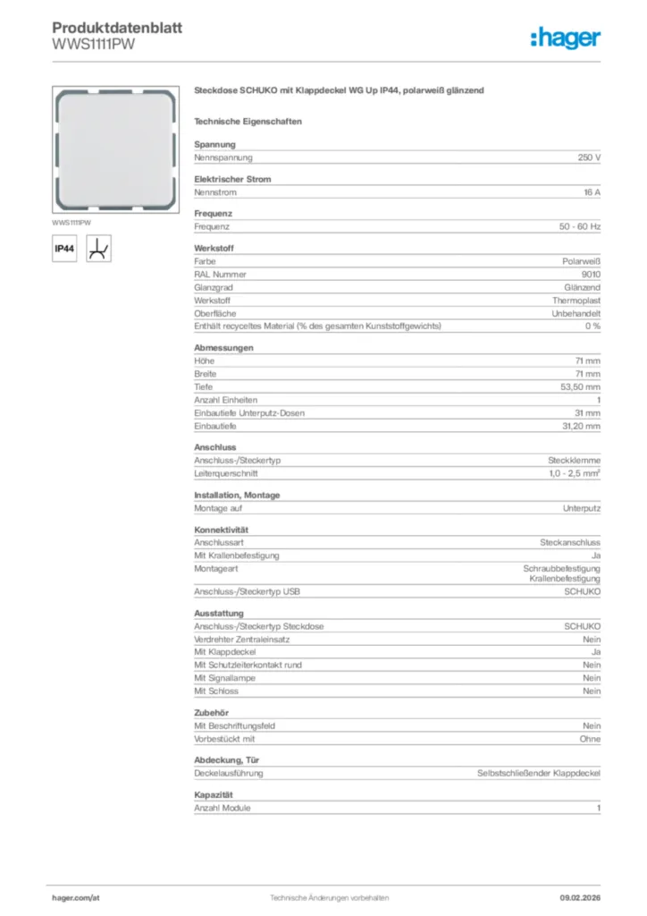 Bild Hager Produktdatenblatt WWS1111PW | Hager Deutschland