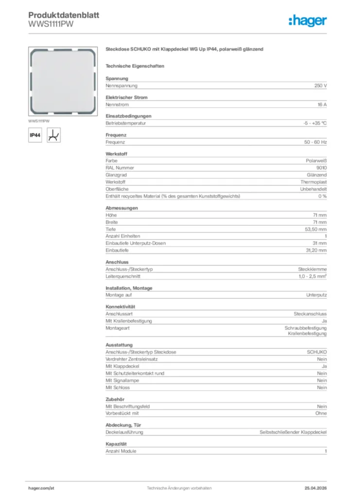 Bild Hager Produktdatenblatt WWS1111PW | Hager Deutschland