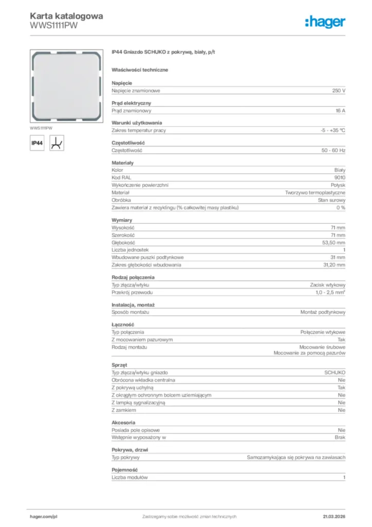 Zdjęcie Hager Karta katalogowa WWS1111PW | Hager Polska