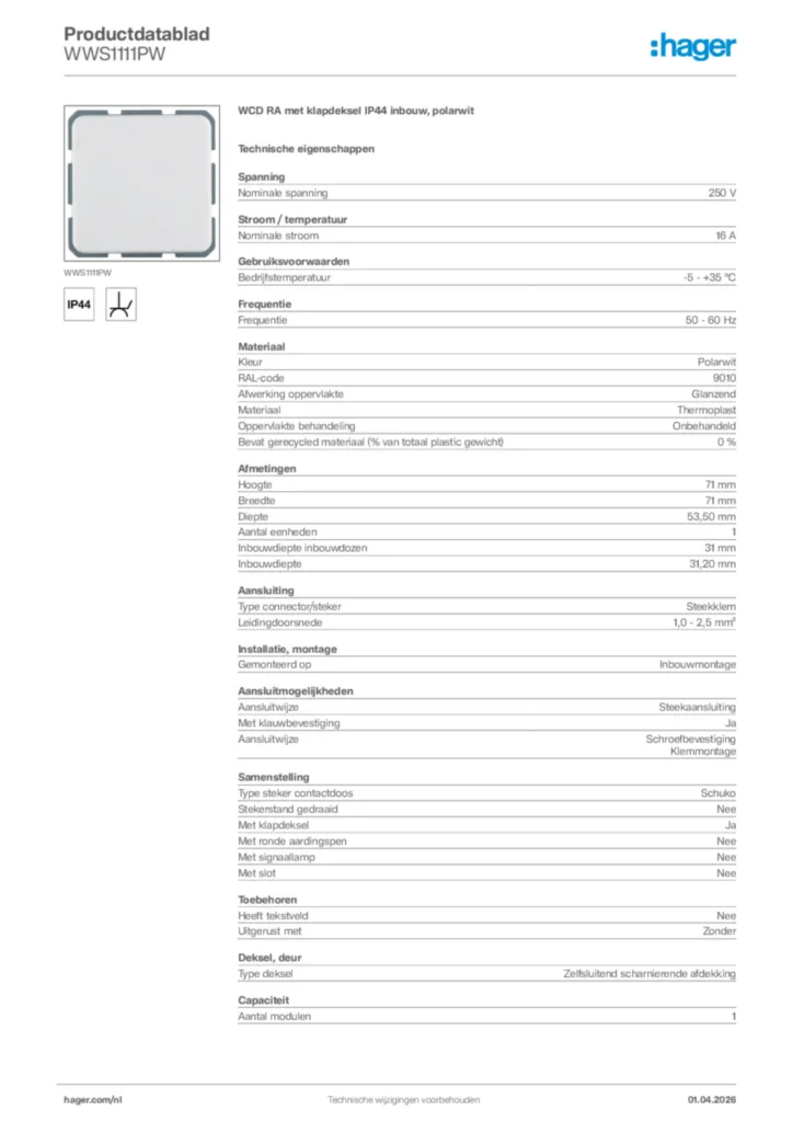 Afbeelding Hager Productdatablad WWS1111PW | Hager Nederland