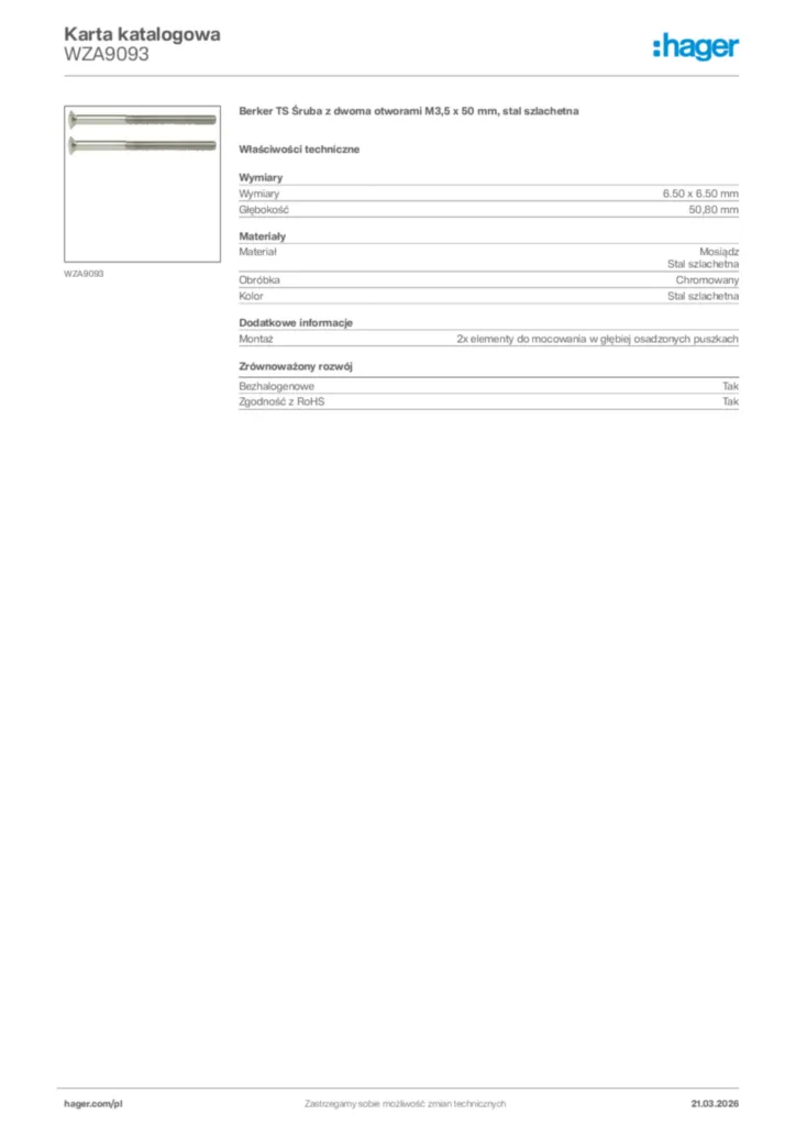 Zdjęcie Hager Karta katalogowa WZA9093 | Hager Polska