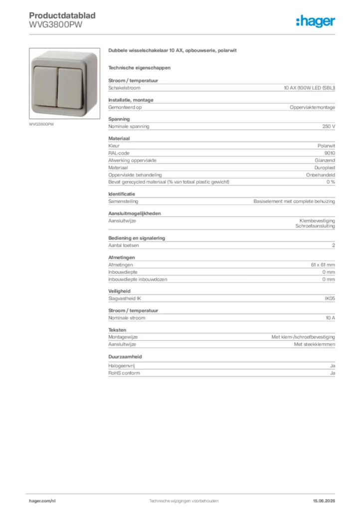 Afbeelding Hager Productdatablad WVG3800PW | Hager Nederland
