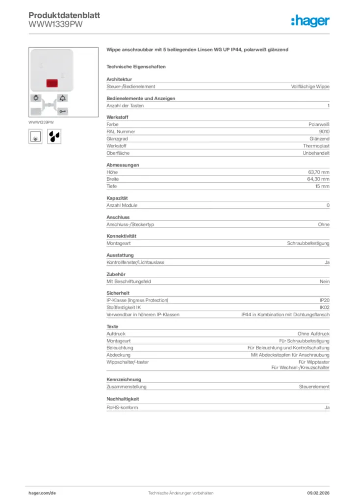 Bild Hager Produktdatenblatt WWW1339PW | Hager Deutschland