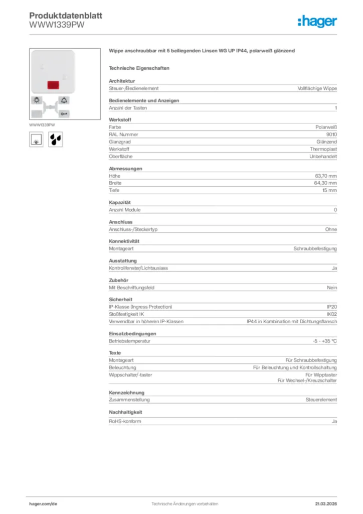 Bild Hager Produktdatenblatt WWW1339PW | Hager Deutschland