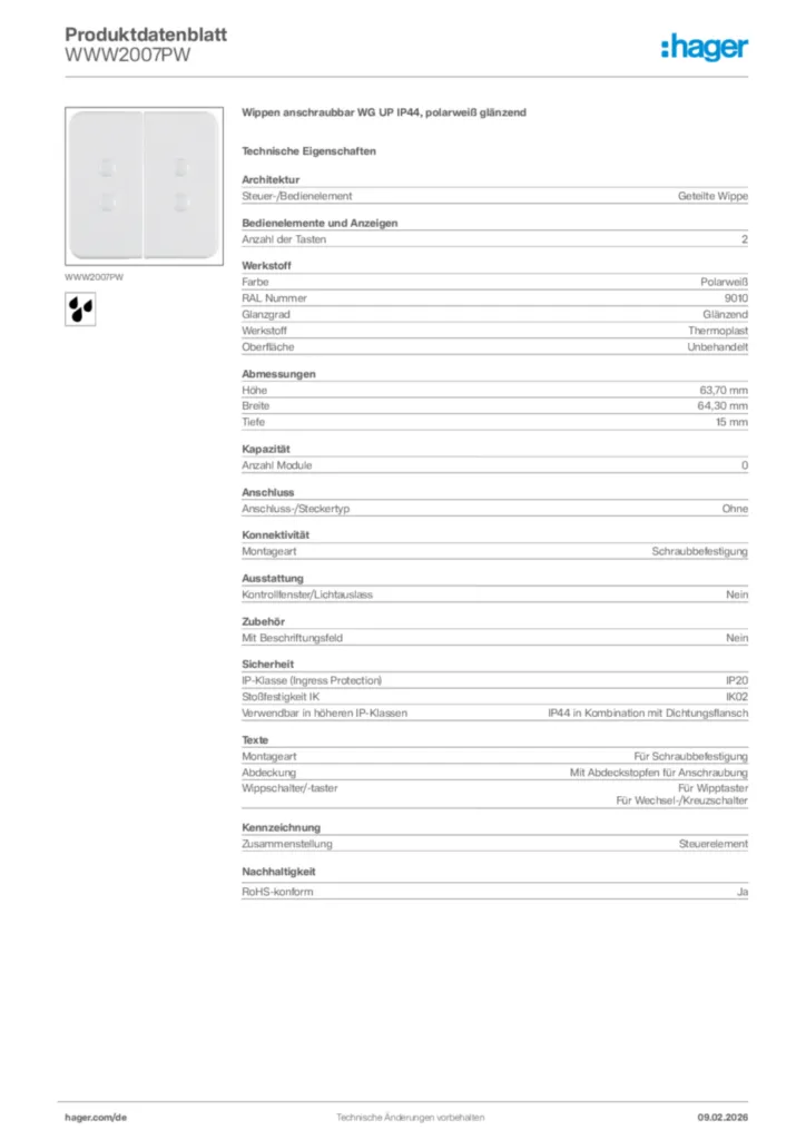 Bild Hager Produktdatenblatt WWW2007PW | Hager Deutschland