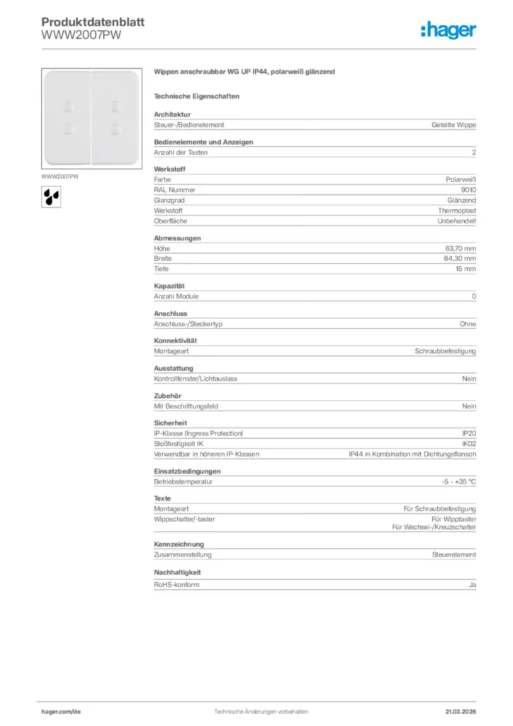 Bild Hager Produktdatenblatt WWW2007PW | Hager Deutschland