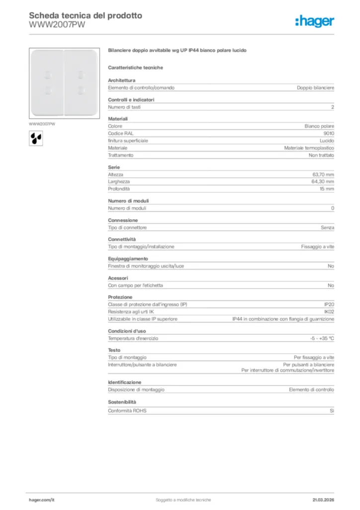 Immagine Hager Scheda tecnica del prodotto WWW2007PW | Hager Italia