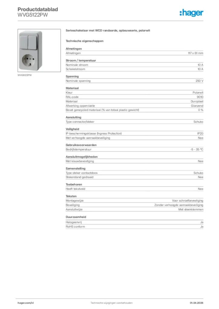 Afbeelding Hager Productdatablad WVG5122PW | Hager Nederland