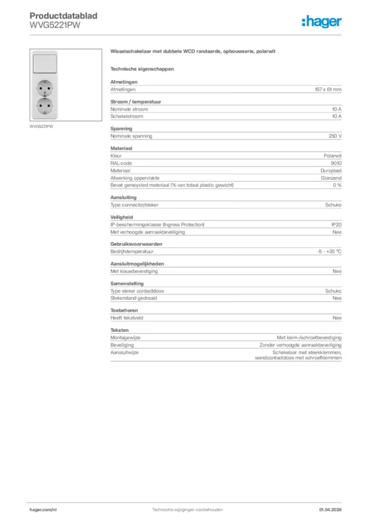 Afbeelding Hager Productdatablad WVG5221PW | Hager Nederland