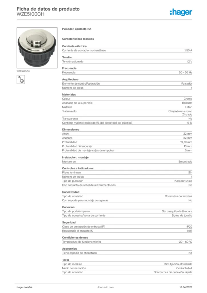 Imagen Hager Ficha de datos de producto WZE5100CH | Hager España